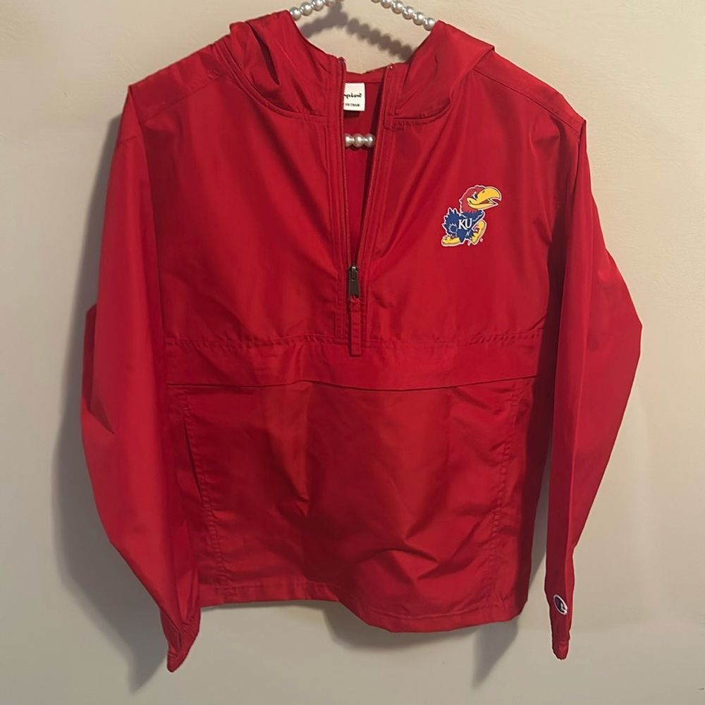 Champion Kansas Jayhawks Youth Lightweight 1/4 Hooded Windbreaker. Size YL
